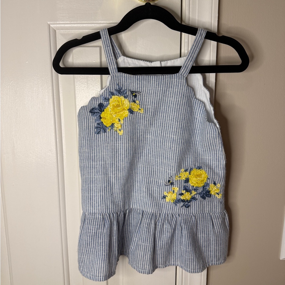 Mud Pie Blue and White Striped Top with Yellow Floral Embroidery